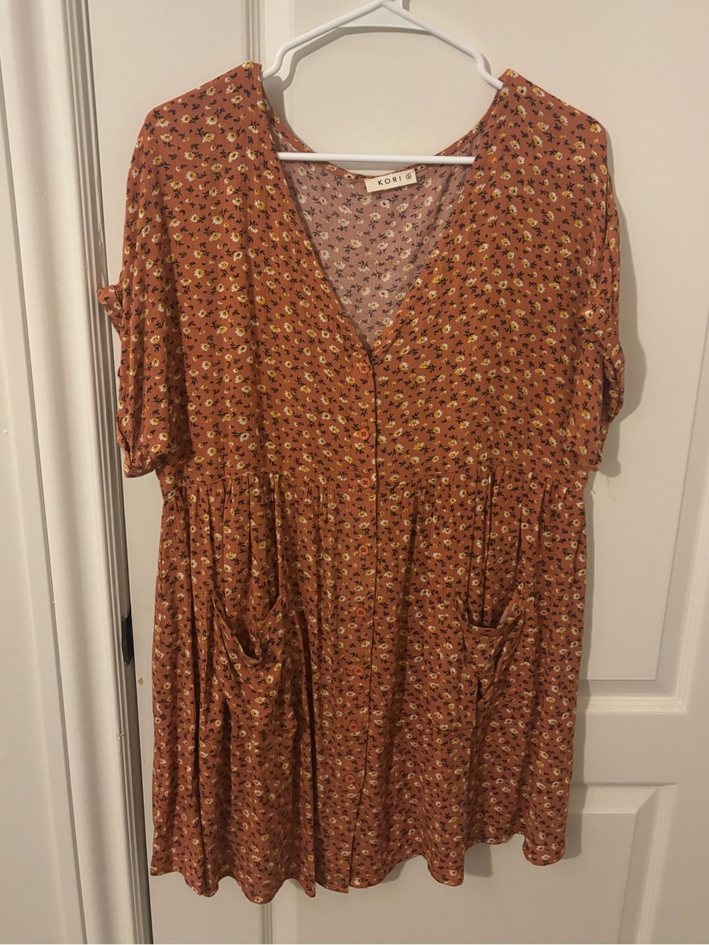 Kori Rust Floral Button-Front Dress with Pockets